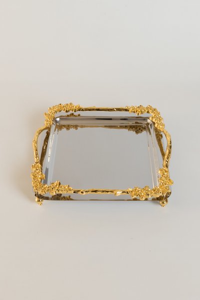 Yaren Style Luxury Gold Rose Detailed Square Serving Tray 21x21 cm – With Legs