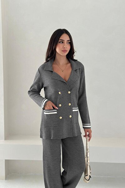 Noi Belis Double Breasted Collar Pocketed Knitwear Bottom Top Set Aw25Au0002