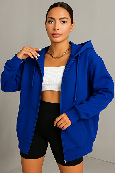 classy moda Kadın 3 İplik Kapüşonlu Fermuarlı Kanguru Cepli Oversize Rahat Şı...