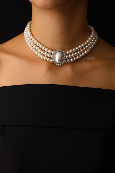 LIVOSH VİNTAGE İNCİLİ BROŞLU KOLYE TASMA İNCİ KOLYE