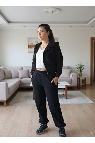 LEONE KOLEKSİYON طقم جوجر كروب كارديجان أسود بسحاب وقلنسوة من Oveesiz، قماش م...