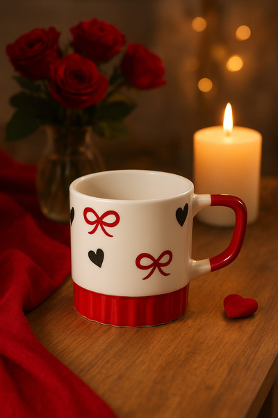 SeraCEY Handmade Ceramic Mug Cup with Heart and Bow Detail