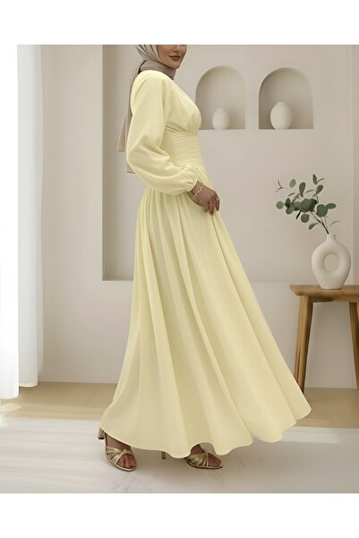 HİJABAYA Önü Büzgülü Kolu Lastikli Fermuarlı Poplin Elbise