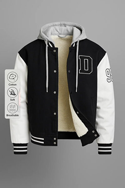 DAMGA JEANS معطف جامعي شتوي سميك من الدنيم الأسود للرجال