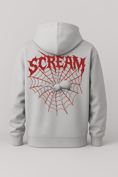 CLASSY.MODA Oversized Sweatshirt with Hood and Kangaroo Pocket, Front with Sickam Lettering, Back with Scream Spider Print