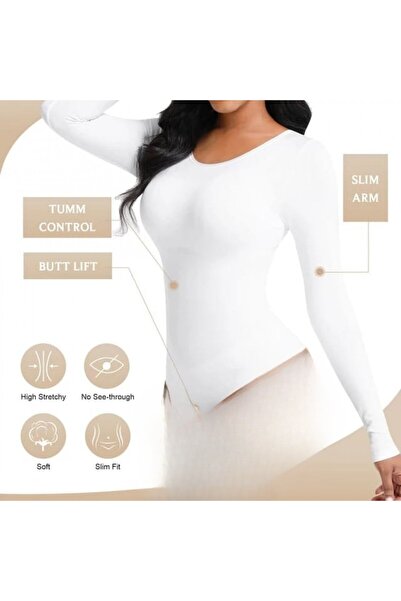 Fstyle Long sleeve bodysuit for abdomen, back and arms, used with clothes such as jeans, coats, etc., white