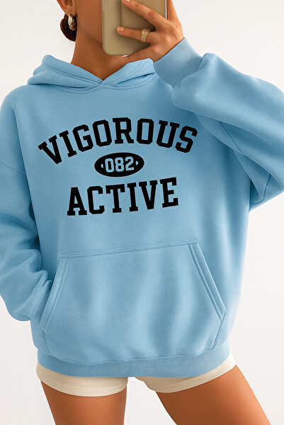 CLASSY.MODA سترة رياضية فضفاضة بقلنسوة وجيب كنغر مع كتابة VIGOROUS ACTIVE على...