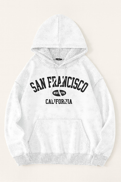 CLASSY.MODA سترة رياضية فضفاضة بقلنسوة وجيب كنغر مع كتابة سان فرانسيسكو كاليفورنيا على الجهة الأمامية، مريحة للارتداء اليومي