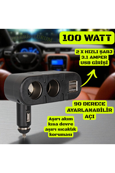 nelerbulurum TÜM ARAÇLARA UYUMLU HIZLI ŞARJ ÇİFT USB GİRİŞLİ 100W 2'Lİ ARAÇ Ç...