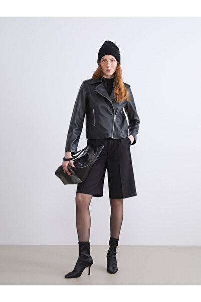 LC Waikiki Siyah Biker Yaka Kadın Deri Görünümlü Ceket