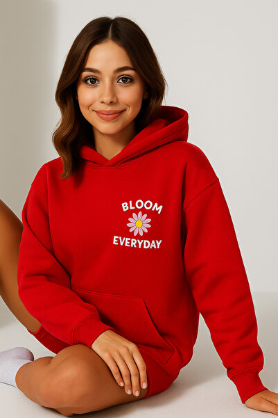 CLASSY.MODA Дамска суитшърт с качулка и кенгуру джобове, с по-голям размер, с флорален принт отпред BLOOM EVERYDAY