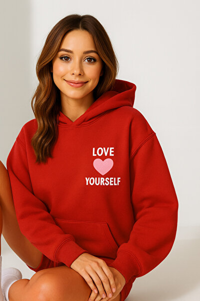 CLASSY.MODA Γυναικείο φούτερ με κουκούλα και τσέπη καγκουρό, oversize, με κείμενο LOVE YOURSELF στο μπροστινό μέρος, άνετο και casual