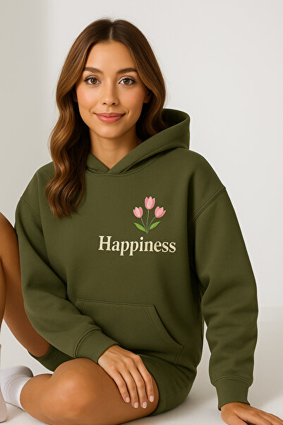 classy moda Women's Hooded Kangaroo Pocket Oversize Sweatshirt Front Happines...