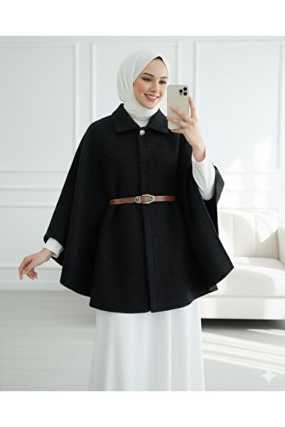 Modamorfo Single Button Belted Bearded Poncho -Black