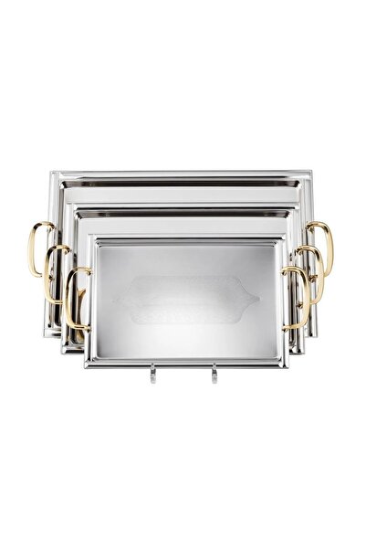 ORIAN طقم صواني جولنار مستطيلة من الفولاذ المقاوم للصدأ من ثلاث قطع باللونين النيكل والذهبي