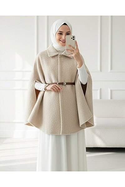 Modamorfo Single Button Belted Bearded Poncho -Beige