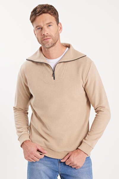 Tudors Unisex Relax Fit Rahat Kesim Fitilli Desenli Pamuklu Yarım Fermuarlı Bej Dik Yaka Sweatshirt