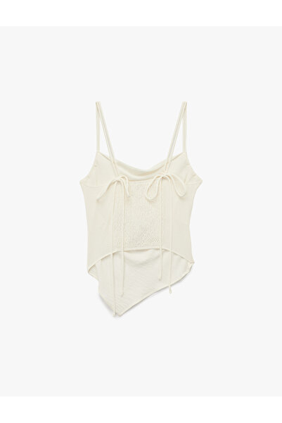 Koton Asymmetrical Cut Thin Strap Blouse with Gipeli Detail on the Back and Bow Detail