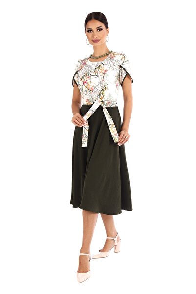 AD Fashion Office dress with floral printed bust on a white background and plain dark khaki pleated skirt, accessorized with c
