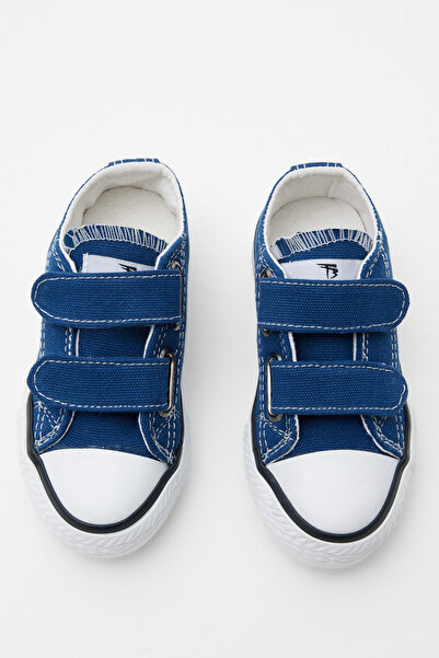Tonny Black Çocuk Unisex Mavi Beyaz Kauçuk Taban Keten Cırtlı Spor Ayakkabı