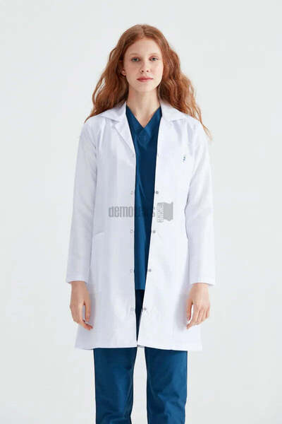 DEMOTEKS Women's long white lab coat uniform - with three pockets, long sleeves, lapel collar