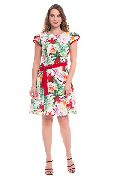 AD Fashion Multi-colored print wedge dress, accessorized with a plain red cord at the waist 02R279i279 - 46 EU