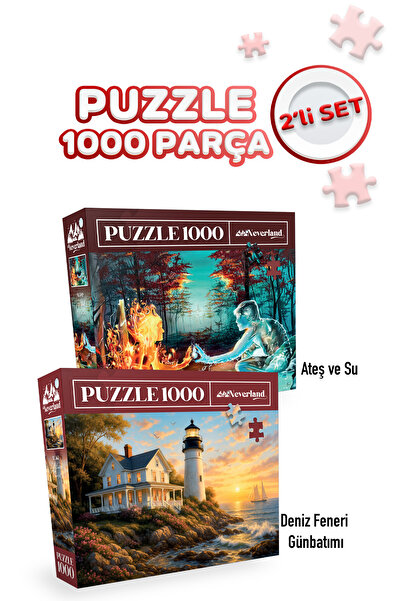 Neverland 2 ADET 1000 PARÇA PUZZLE- DENİZ FENERİ GÜNBATIMI VE ATEŞ VE SU