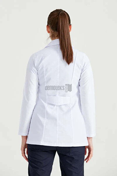 DEMOTEKS Women's white short medical lab coat uniform - with three pockets, long sleeves, lapel collar