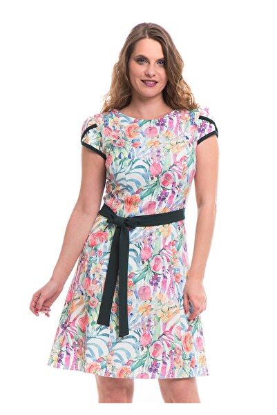 AD Fashion Multi-colored print wedge dress, accessorized with plain green cord at the waist 02R274i274 - 42 E