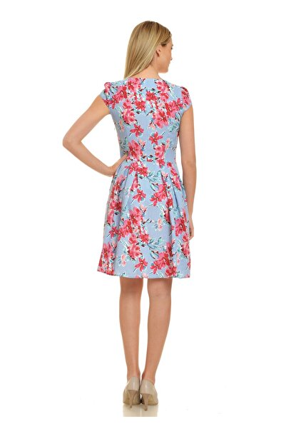 AD Fashion Rochie din in albastra cu imprimeu roz R085i943 - 40 EU