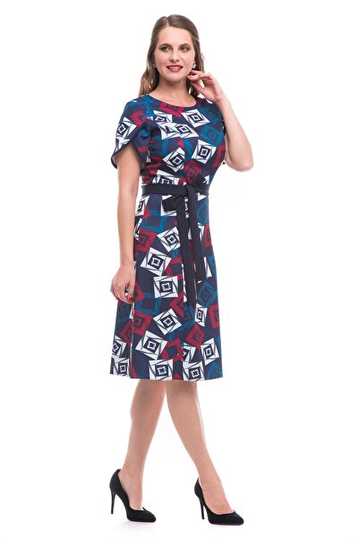 AD Fashion Multi-colored print wedge dress, accessorized with a plain navy blue cord at the waist 04R171i171 -