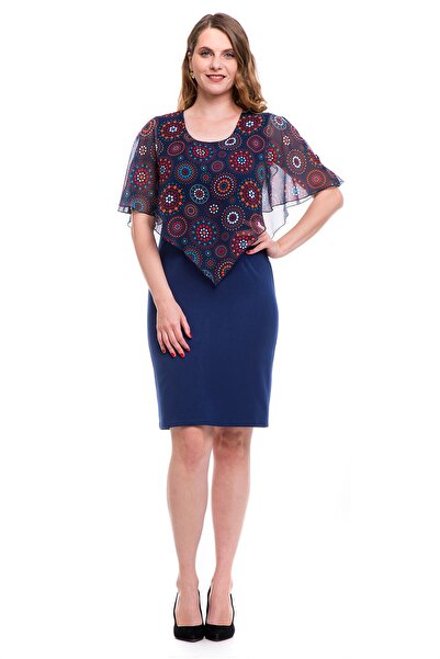 AD Fashion Rochie conica bleumarin cu capa din voal imprimat 001R127005 - 42 EU