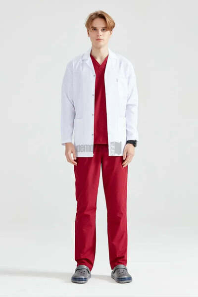 DEMOTEKS Men's white short medical lab coat uniform - with three pockets, long sleeves, lapel collar