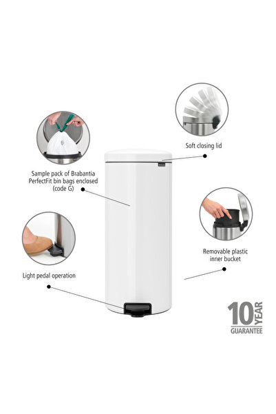Brabantia NewIcon Pedal Bin 649049, 30 l, Soft closing, Anti-slip base, White