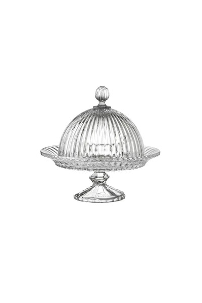 ORIAN 20cm Round Cake Plate with Striped Glass Lid and Base