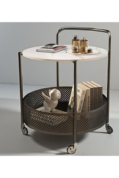 OKEA Modern Round Bar Cart With Marble Top & Mesh Storage - Rolling Side Table