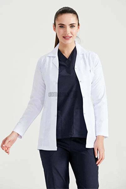 DEMOTEKS Uniforma lab coat halat medical scurt alb femei – cu trei buzunare, maneca lunga, guler rever