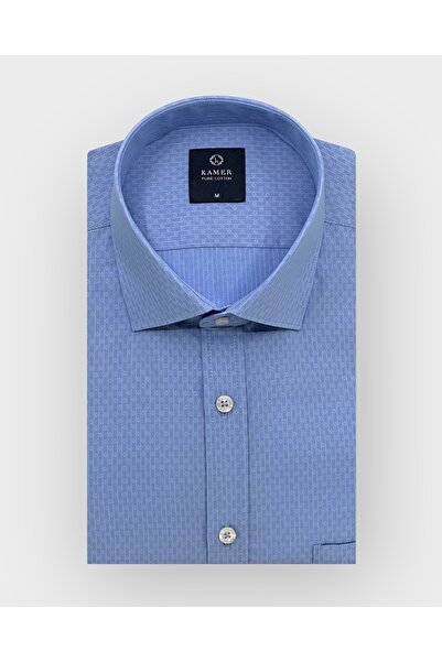 KAMER ERKEK REGULAR FIT UZUN KOL %100 PAMUK KLASİK YAKA TEK CEPLİ DESENLİ MAVİ GÖMLEK 3641M