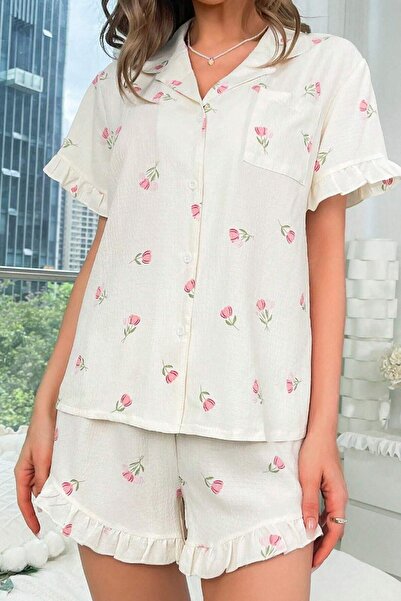 JUBELS Ecru Patterned Ruffled Pajama Set