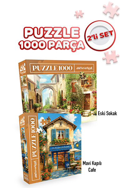 Neverland 2 ADET 1000 PARÇA PUZZLE- ESKİ SOKAK VE MAVİ KAPILI KAFE