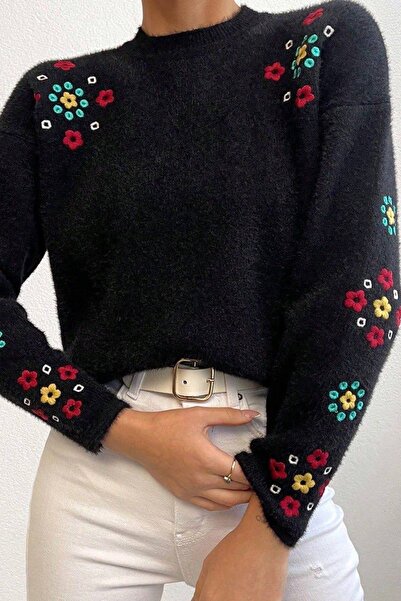 Ded COLLECTION Pulover de tricotat cu textura moale, cu broderie cu flori colorate, cu gât rotund, pentru femei