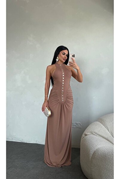 sajarsln Gümüş Düğme Detaylı Maxi Boy Büzgülü Elbise