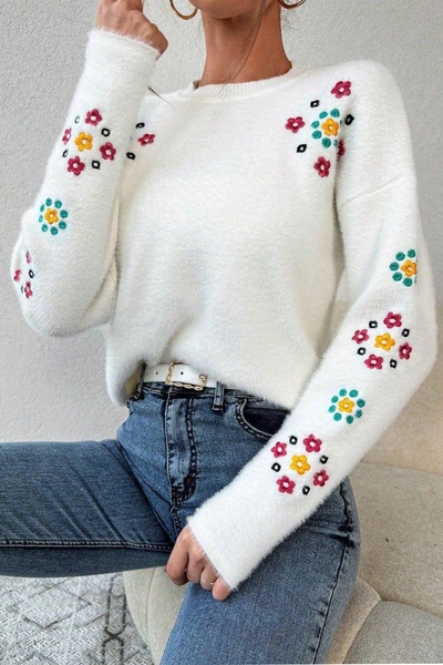 Ded COLLECTION Women's Colorful Floral Embroidery Embroidered Round Neck Soft Textured Knitwear Sweater
