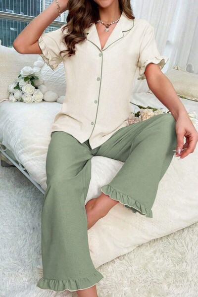 JUBELS Buttoned Ruffle Detail Green Double Breasted Collar Pajama Set