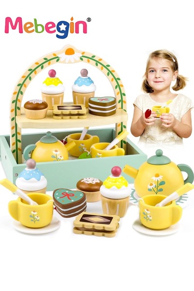 MEBEGIN مجموعة حفل شاي خشبية للفتيات الصغيرات، مجموعة شاي للأطفال الصغار مع ح...