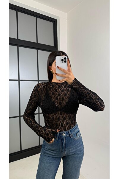 Gaus بلوزة سوداء شفافة بأكمام طويلة من الدانتيل GAUS-00172