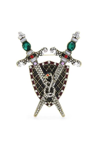 Pursehuit Broșă aurie, formă de scut cu săbii și pietre, Bessy C2 OUT