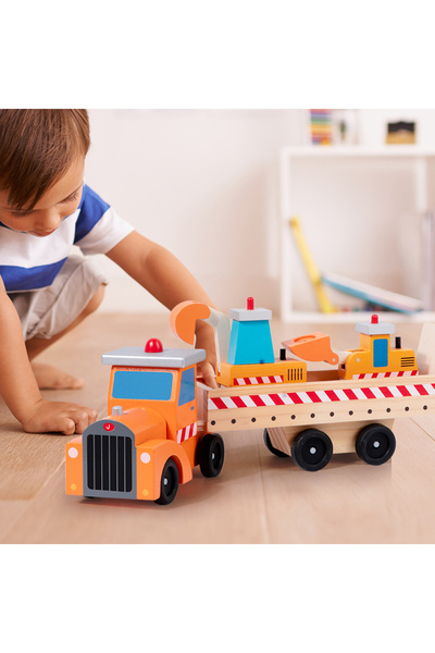 OEM Montessori Wooden Transport Truck Toy Set with Excavator and Bulldozer, 3-4 Pieces, 3+ Years
