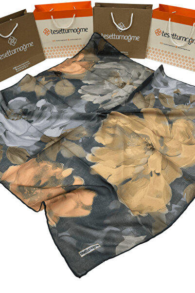 Tesettürnağme Soft Cotton Scarf Tn2000 Floral Pattern Anthracite-Camel-01