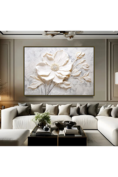 EMYA HOME White Flower Canvas Painting with Bronze Metal Frame